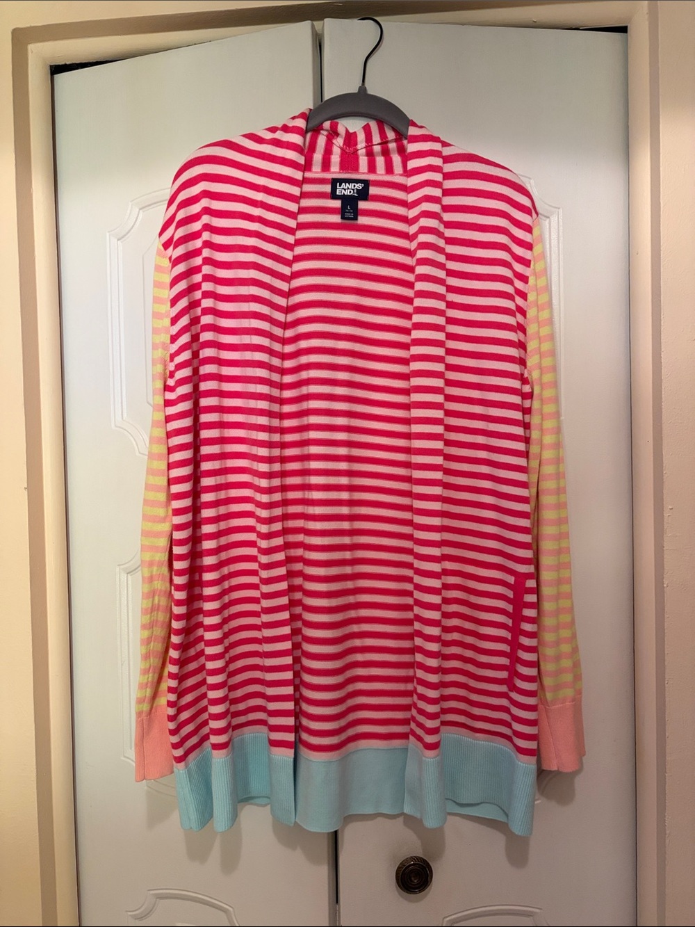Lands' End Pink & White Striped Open Cardigan with Pastel Accents